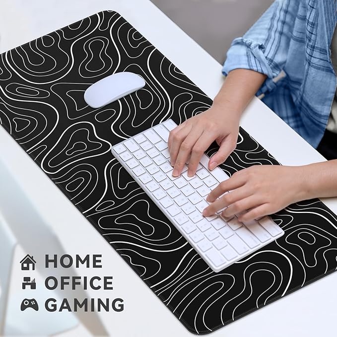 Gaming Mouse Pad Big Mousepad with Non-Slip Rubber Base, 31.5 x 11.8 in XL Large Desk Mat for Gaming Home Office, Long Keyboard Pad Mouse Mat for Computer with Stitched Edges, Black Topographic
