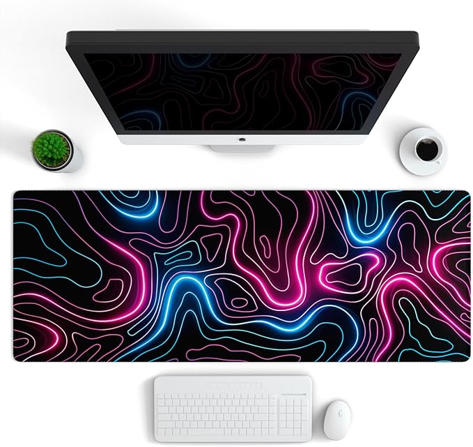 Ovenbird Gaming Mouse Pad with Stitched Edges, Topographic Map Pink Extended XL Mousepad with Anti-Slip Base, Cool Neon Large Mouse Pad for Desk, 31.5 x 11.8 in, Pink and Blue