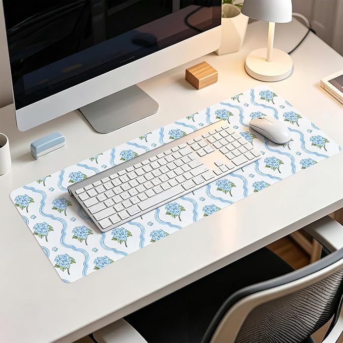 Light Blue Hydrangea Floral Large Mouse Pad,Summer Preppy Cottagecore Desk Mat,Aesthetic Blue and White Flower Botanical Mousepad,for Home Office Dorm Desktop Decor,31.5x11.8 Inch