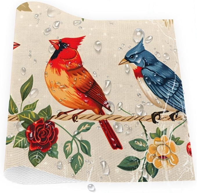 Placemats Set of 4 Heat-Resistant Rectangle Place Mats Retro Bird Cardinals Washable Plastic PVC Dining Table Mat Non-Slip Wipeable Woven Vinyl Placemat for Kitchen Patio Table Decor