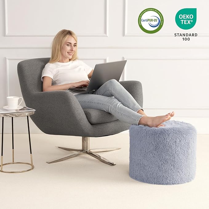Hansleep Round Stuffed Pouf Ottoman 20 x 15, Foam Filled Faux Fur Ottoman Foot Rest for Chair with Washable Cover, Foot Stools Under Desk for Living Room & Bedroom, Grey