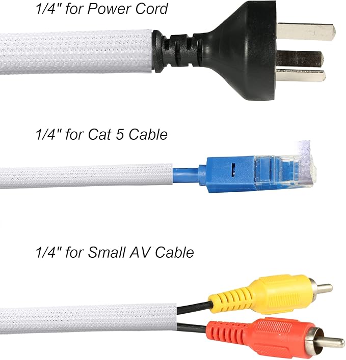 25ft - 1/4 inch Braided Cable Management Sleeve Cord Protector - Self-Wrapping Split Wire Loom for TV/Computer/Home Theater/Engine Bay - White
