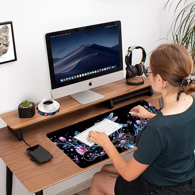 Ergonomic Mouse Pad Set with Wrist Support for Keyboard and Wrist Rest for Mouse, Memory Foam Comfort, Non-Slip Large Desk Mat for Home Office Pain Relief,Rose Dragonfly