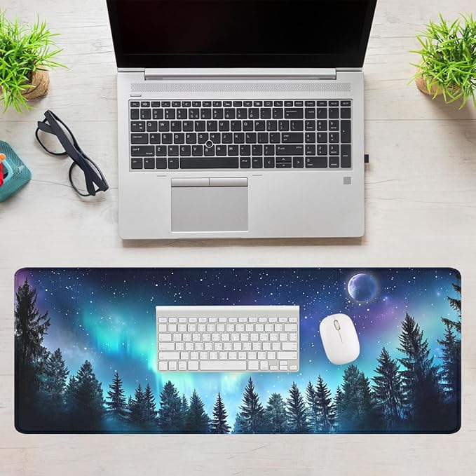Aurora Desk Mat Starry Night Northern Lights Forest XL Mouse Pad Large Mousepad Extended Laptop Keyboard Mat Gaming Desk Pad Mouse Mat 31.5"x11.8"