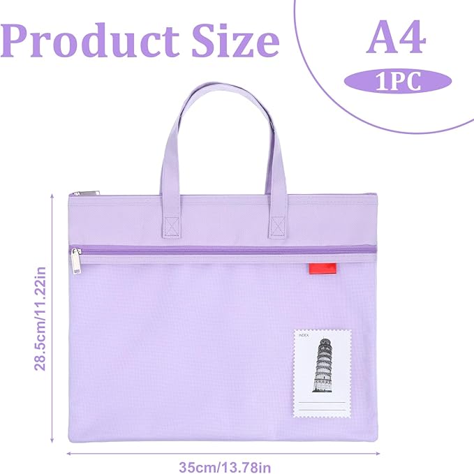 Large Zipper Pouch with Handle, 11 x 13.7 in Mesh Zipper Pouch Waterproof Double Pocket Organizer Bag, A4 Size Foldable File Storage for Documents Travel Art Supplies Office Use (Purple)