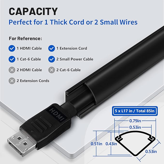 85in Corner Cable Concealer, One-Cord Corner Duct, Paintable Cord Cover, Cable Management Channel for Wall, Floor Baseboard, Ceiling, Black