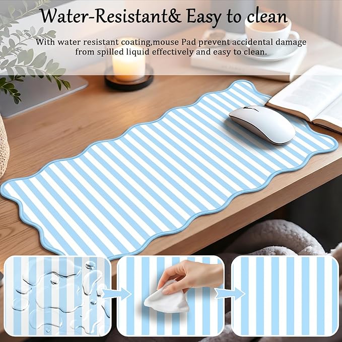 Scalloped Desk Mat Extended Large Cute Striped Mouse Pad Big Desk Pad XXL Aesthetic Stripe Mousepad Gaming Mouse Pad for Keyboard Computer Laptop Home Office Accessories 35.4X15.7Inches Blue White