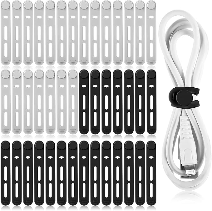 Tellegloww 42 Pcs Silicone Cable Ties Reusable Cord Organizer Adjustable Data Cable Wraps for Earphone Phone Charger Computer Cord Management Straps Travel Essentials(Black, Gray,3.15 Inch)