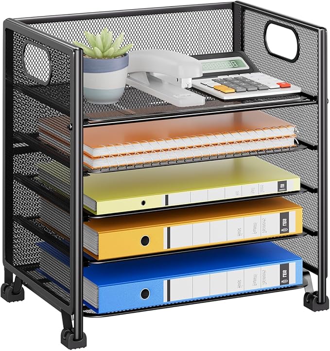 Simple Trending 5-Tier Paper Organizer for Desk– Letter Tray & File Holder with Handle, Metal Mesh Desktop Document Shelf for Office, Black