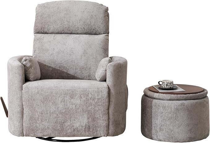 Oversized Swivel Rocker Recliner Chair with Massage and Heat, Manual Swivel Glider Rocker Recliner with 2 Bolster Pillows, Rocking Nursery Chair with Storage Ottoman , Adjustable Headrest, Light Grey