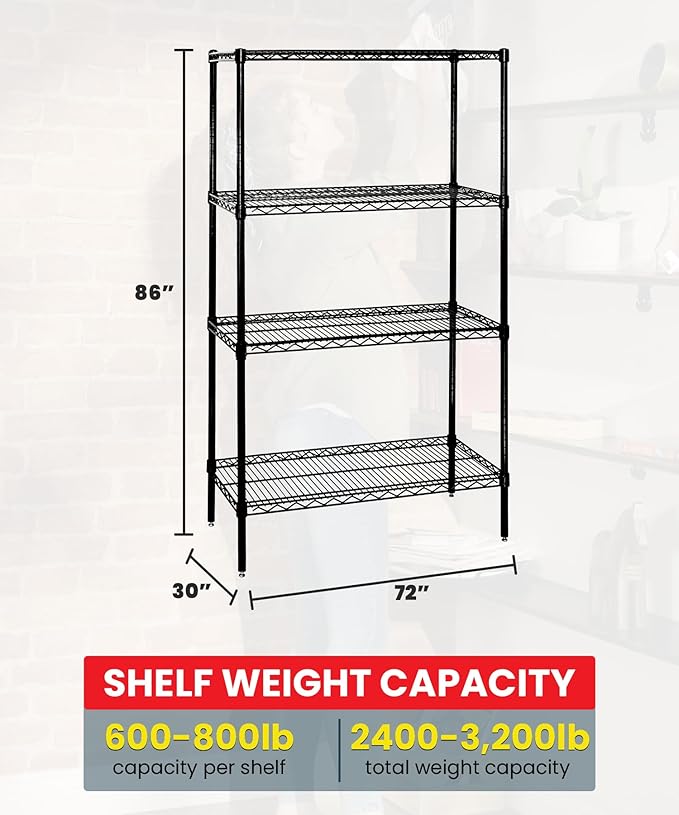 Quantum Storage Systems WR86-3072BK Wire Shelving Starter Kit, 72" W x 30" D x 86" H, 600 lbs Capacity, Carbon Steel, Epoxy Coated, Black, NSF