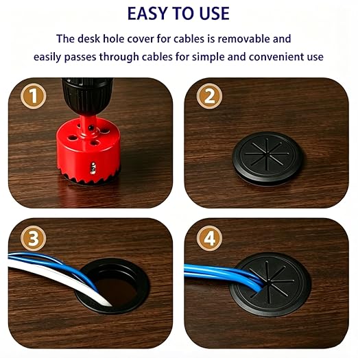 Desk Grommet 2 Inch (50mm) 10-Pack - Black Cable Grommet with Hole Saw & 10 Zip Ties - Desk Hole Cover for Wires, Cable Pass-Through for Office, TV Stand, Workstation - ABS Plastic