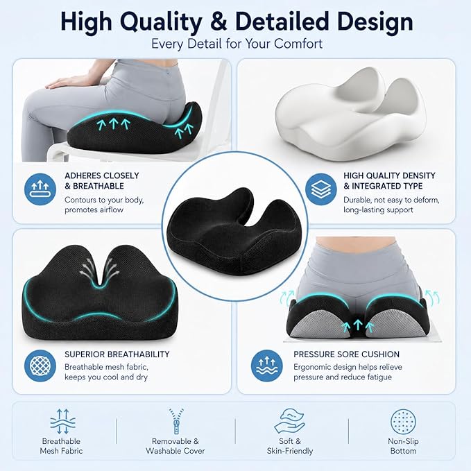 CXC Cooling Gel Seat Pad – Ergonomic Memory Foam Office Chair Cushion with Breathable Mesh & Airflow Design, Tailbone Relief Support for Long Sitting, Truck Drivers & Wheelchair Users