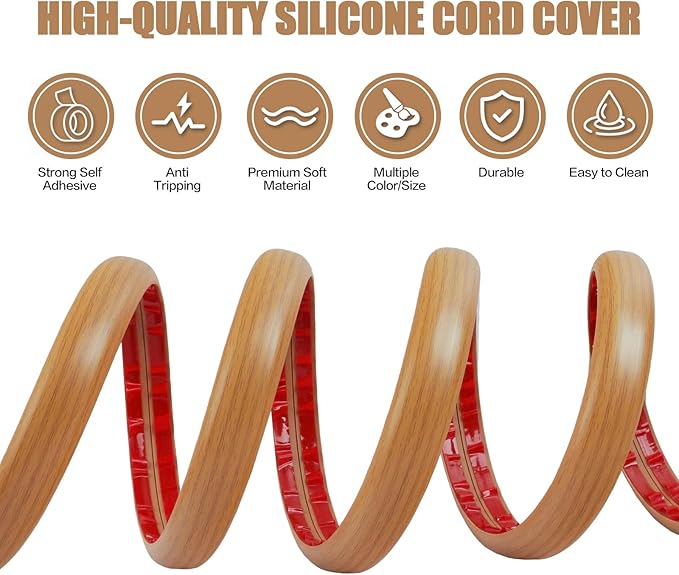 Floor Cord Cover Self Adhesive Cord Hider,10FT Cable Management, Extension Strip Protector for Wires, Prevent Cable Trips for Offices, Gyms, Exhibitions Cavity 0.39"(W) x 0.27"(H) BrownWood
