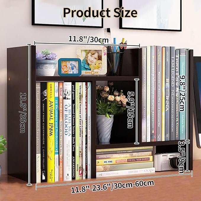 Desktop Shelf Organizer, Adjustable Wood Office Storage Rack, Counter Display Small Bookshelf for Home/Office/School(Dark Walnut)