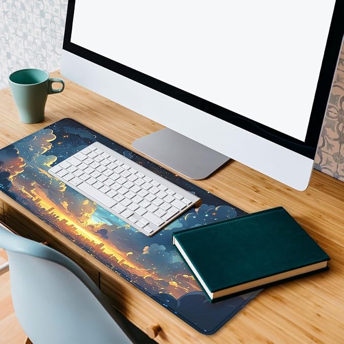 Clouds Sky Gaming Mouse Pad Cartoon Dreamy Night White Clouds Stars Large Gaming Mouse Mat with Stitched Edges,Non-Slip Waterproof Rubber Base Mous Mat 31.5x11.8 in