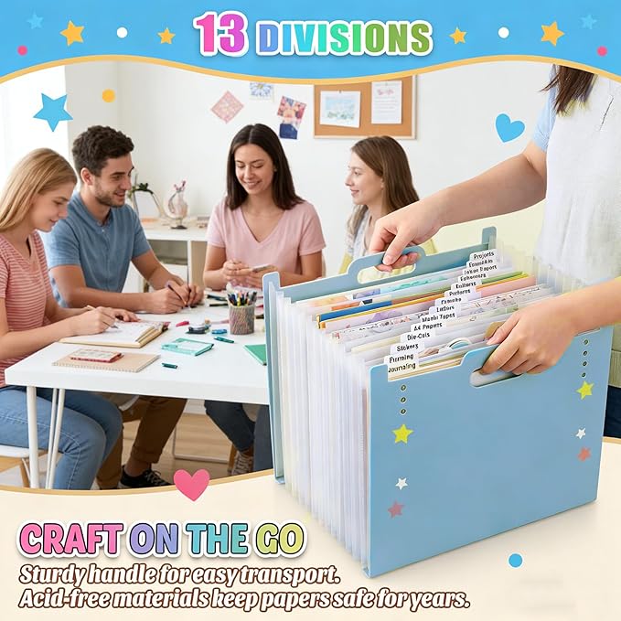 12x12 Scrapbook Paper Storage Organizer, Expandable 13 Pocket Desktop Paper Organizer Storage for Scrapbook Essentials, Large Scrapbook Storage for Photos, Washi Tape, Sticker (Blue)