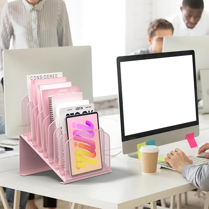 Inclined Desk File Organizer Metal Desk Magazine Folder Holder with 8-Section Vertical Compartments Rack File Organizer for Office, Home, School, Pink