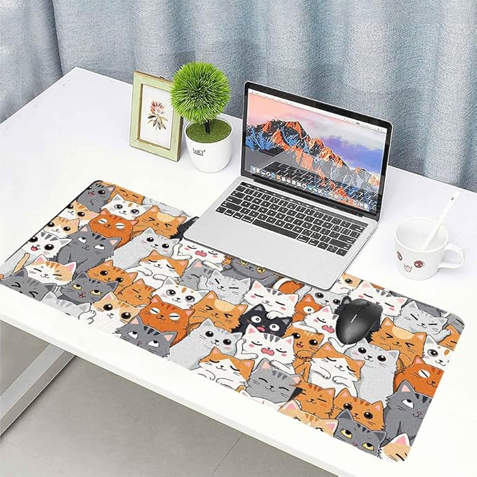 Positively Adorable Cat Desk Mat - （31.5 * 15.75in） Desk Pad, Large Non-Slip PU Leather Pad for Aesthetic Home Office & Gaming,A Gift for Cat Lovers