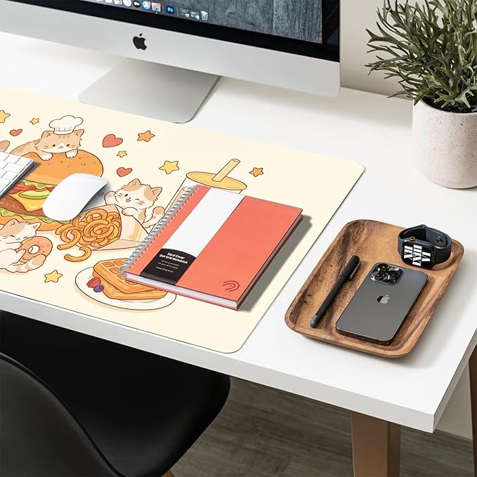 Cute Cat Desk Mat, Kawaii Hamburger Fries Large Mouse Pad for Desktop, PU Leather Waterproof Desk Pad, Anti-Slip Computer PC Laptop Protector Gaming Mouse Pads for Office Home Decorations