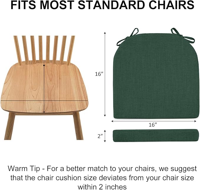 Wellsin Chair Cushions for Dining Chairs 6 Pack - Kitchen Chair Cushions with Ties and Non-Slip Backing - Dining Chair Pads 16"X16"X2", Dark Green