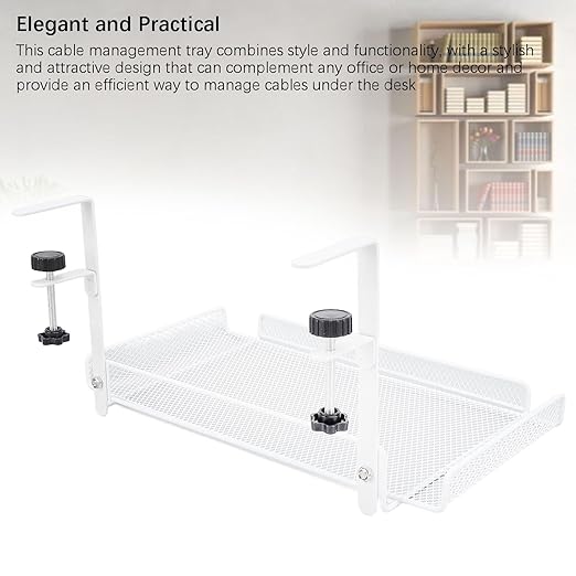 Under Desk Cable Management Tray, 14.4 x 7.9 x 6.9 Inch Large Cpacity Metal Mesh Desk Cable Tray with Clamp Mount No Drill Carbon Steel Desk Cable Organizer for Home Office (White)