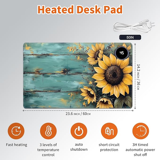 Heated Mouse Pad,Warm Desk Pad with 3 Levels Heating & 3 Hours Auto Shut-Off, PU Leather Heated Desk Pad Warmer Pad for Home Office - 23.6 x 14.2 inch,Sunflower Blue Wood Grain
