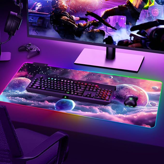 ARTSO Large RGB Gaming Mouse Pad, Led Big Mouse mat with 14 Light Modes, Extended Soft Computer Keyboard Mat Non-Slip Rubber Base, Colorful Purple Ball
