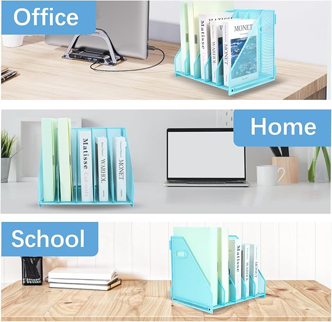 Desk Organizers Metal Magazine File Holder Racks Desktop Folder Storage Binder Organiser Document Organization for Home Office & Classroom,5 Vertical Compartments-Blue