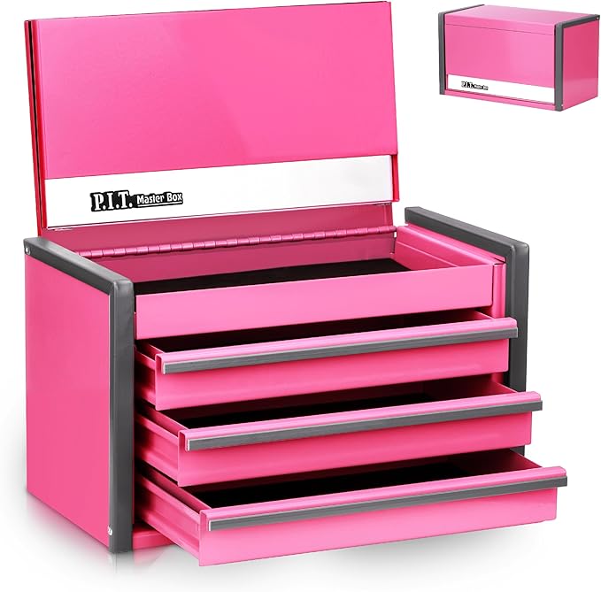 P.I.T. Mini Tool Box 8.6"W X 4.6"D, Portable 3 Drawer Steel Stackable Pink Tool Box with Magnetic Tab Locking, Pink Micro Top Chest with Liner for Tools Storage and Organizers, Home DIY