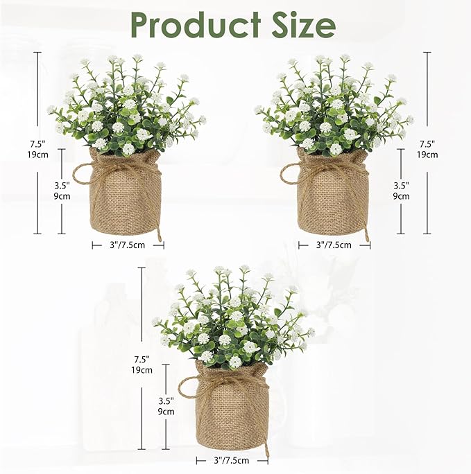 Artificial Mini Potted Flowers Set of 3, Faux Baby’s Breath Plant with Burlap Pot, Small Fake Greenery Desk Decor for Home Office Shelf Table Centerpiece, Rustic Farmhouse Wedding Spring Decorations