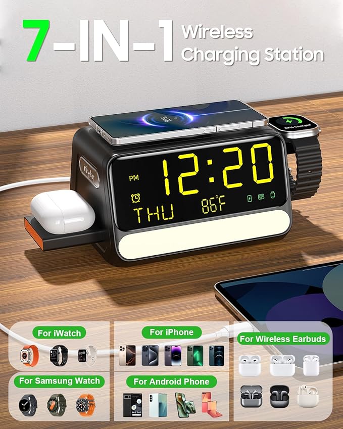 7-in-1 Wireless Charging Station for Samsung&Apple Device, Charger Stand with Voice-Controlled Light, for iPhone 17/16/15/14/13 Pro Max, Samsung Galaxy, Google Devices, Apple&Samsung Watch, AirPods
