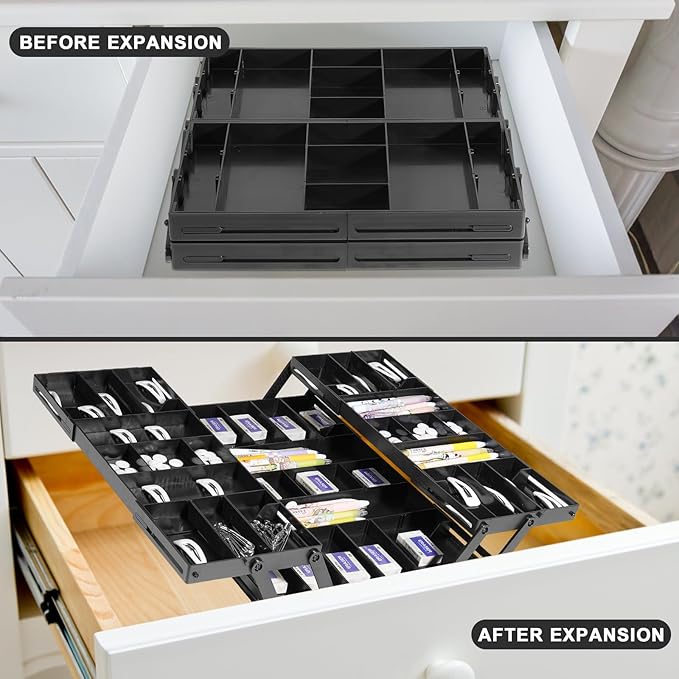 Aobiono Multi Level Smart Drawer Organizer, Multi Tier Expandable Storage Collapsible Foldable Trays for Jewelry, Cosmetics, Makeup, Tools, Battery (Black, Double Row - 2 Levels)