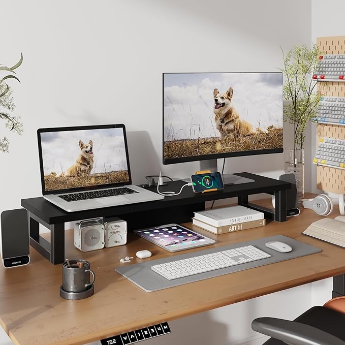 WESTREE Dual Monitor Stand Riser with Power Outlet, Computer Monitor Stand Riser for 1~2 Monitors, Multi-Purpose Desktop Organizer Riser for Computer,Laptop,Printer,TV