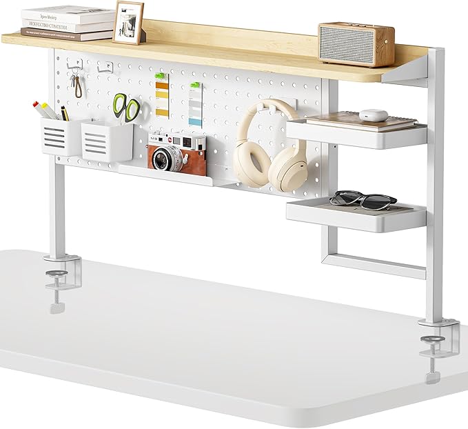 PEGZONE Clamp on Desk Shelf, 44" Desktop Shelving System with Pegboard and Accessories, Desktop Organizer with 2-Tier Shelf, Desk Pegboard for Gaming Office, White