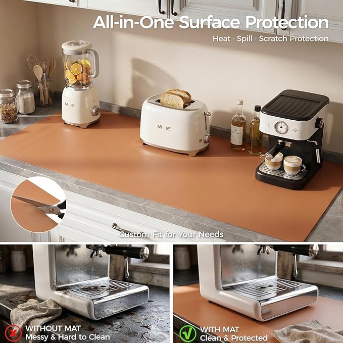 1.6mm Thick Leather 18x84 Inch Non-Slip Mat, Waterproof Countertop Protector, Extra Long Kitchen Counter/Dining Table Protector, Caramel Brown