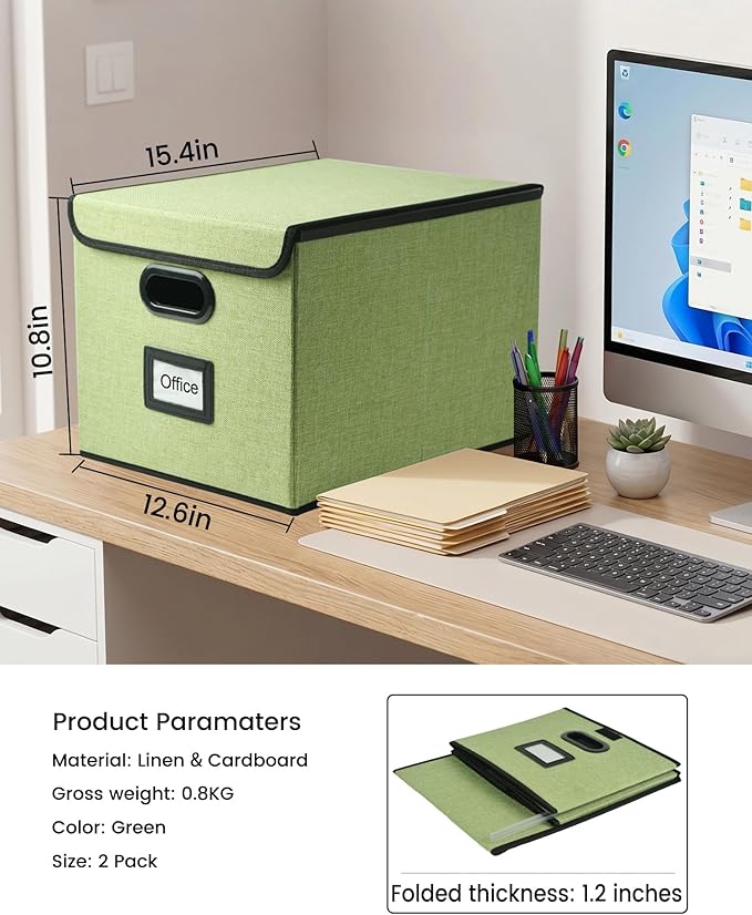 Qerlei File Organizer Boxes with Lids,Collapsible File Folder Organizer with Plastic Slide,Collapsible Filing & Storage Boxes for Office/Decor/Home (Green, 2 Pack)