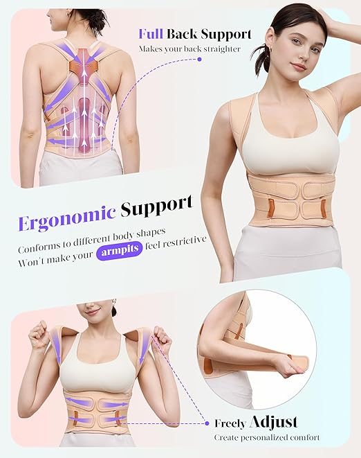 Kepwaa Posture Corrector for Women and Men, 5 Full Back Support Brace Rods, Adjustable Shoulder Straightener, Relief for Upper and Lower Back, Neck, Lumbar, Scoliosis, Hump, Beige, Small