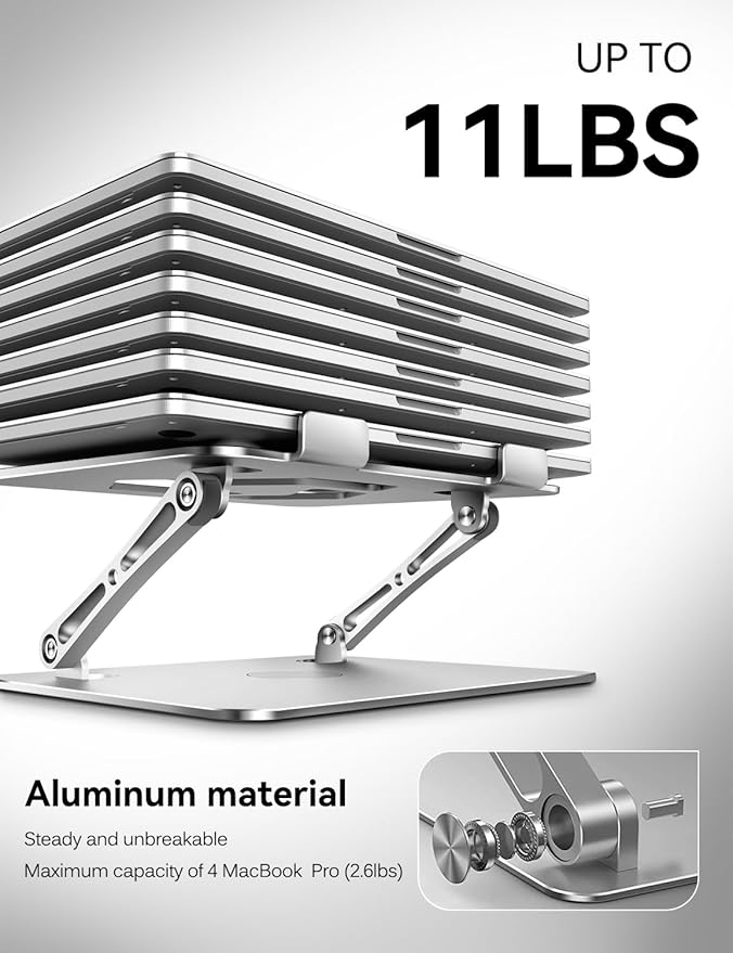 ivoler Adjustable Laptop Stand with 360° Rotating Base, Ergonomic Laptop Stand for Desk, Foldable & Portable Laptop Riser, for Collaborative Work, Fit MacBook Laptops up to 16 inches Silver