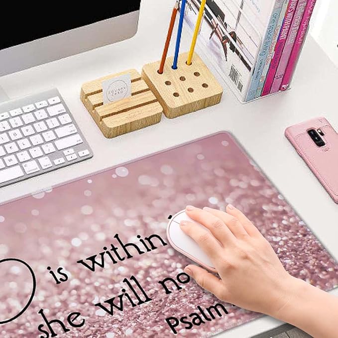 Bible Verse Gaming Mouse Pad Large, Keyboard Mouse Mat Desk Pad, Non-Slip Rubber Base with Stitched Edges Mousepad, 31.5X11.8 inch - Psalm 46:5 God is Within Her,She Will not Fall