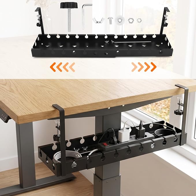 Cable Management Tray Under Desk, 43-74cm/16.9-29.13in Carbon Steel No Drill Wire Cord Organizer with Clamp & Screws Mount Retractable Cable Tray for Office Home PC Wire Management Rack (Gun Gray)