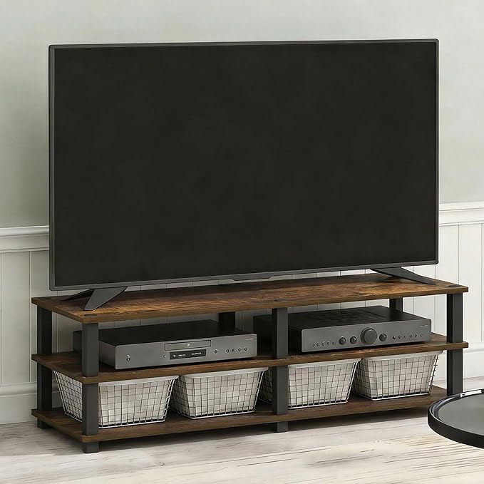 Furinno Turn-S-Tube Toolless Assembly 3-Tier TV Stand, Entertainment Center for TV up to 46 Inch, Wide Printer Stand with Storage Shelf, for Living Room, Bedroom, Amber Pine