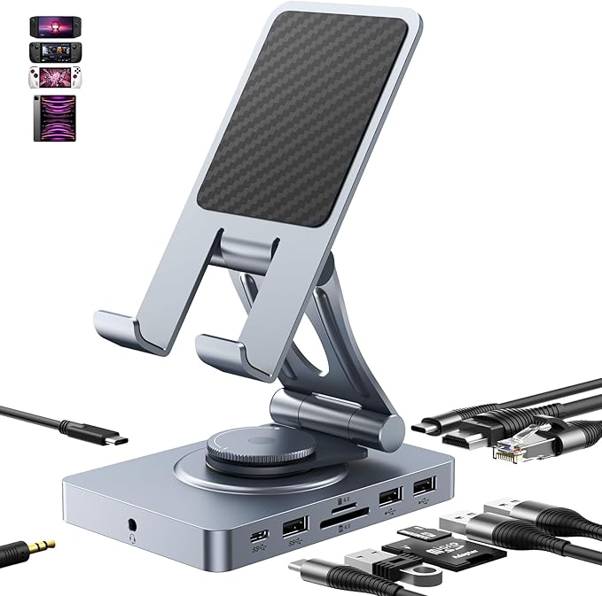 360° Rotating USB C Docking Station for iPad Pro, Tablet, Samsung, Steam Deck, ROG Ally, Legion Go, Msi Claw, etc, 11-in-1 with SD TF 4.0 Reader, 4K@60Hz HDMI, RJ45, Audio, USB A, USB C