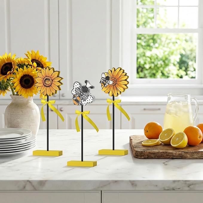 Smile 3 Pcs Wooden Decor Summer Indoor Decorations, Sunflower Bee Style, Summer Table Centerpieces for Home Kitchen Seasonal Display
