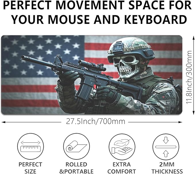 American Flag Skull Soldier Large Gaming Mouse Pad, 27.5x11.8in Tactical Military Extended Desk Mat with Stitched Edges, Non-Slip Waterproof Rubber Base for Office, Computer & Laptop