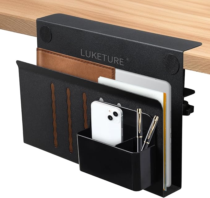 LUKETURE Laptop Holder, Steel Desk Side Storage, No Drill Standing Desk Accessories, Laptop Mount with Pen Holder, Back to School Supplies, Fits Flat Edge Tables 0.3" to 2.8" (Black, M(1 Tier))