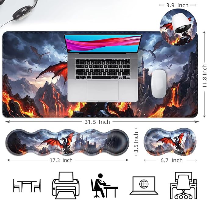 Ergonomic Mouse Pad Set with Wrist Support for Keyboard and Wrist Rest for Mouse, Memory Foam Comfort, Non-Slip Large Desk Mat for Home Office Pain Relief,Magic Dragon Castle