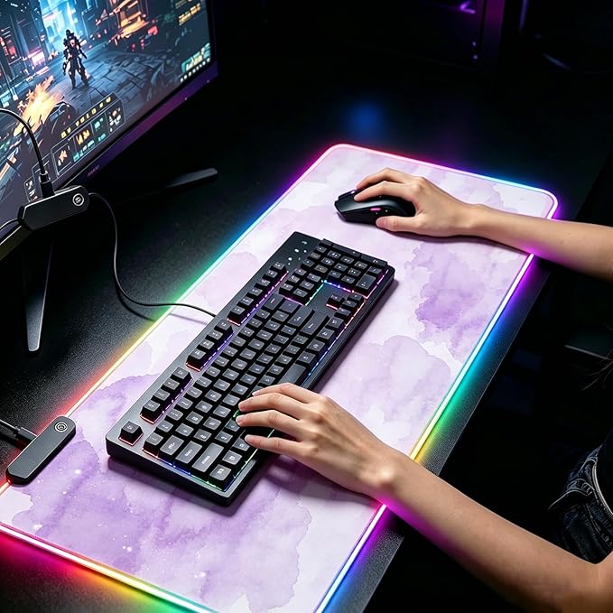 RGB Large Gaming Mouse Pad, Extended Mouse Pad with 12 Lighting Effects, Water Proof Mutispandex Surface, Non-Slip Rubber Base, 80x30 cm / 31.5×11.8 in (Purple Nebula)