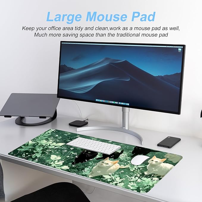 Cute Cat Mouse Pad Large Gaming Desk Mat - Kawaii Black and White Cats in Green Forest, Extended XL Mousepad with Non-Slip Rubber Base for Office, Home, PC, Laptop