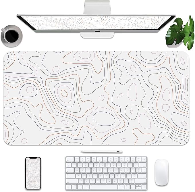 BLESWIN White Topographic Map Desk Mat 31.5" x 15.7", PU Leather Computer Laptop Desk Mat, Non-Slip Waterproof Mouse Keyboard Pad, Desk Writing Matt for Work/Home, 31.5"x 15.7", Topographic